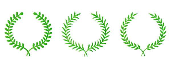 Green laurel wreath. Green silhouette laurel foliate wreaths, award, achievement, chaplet, heraldry, nobility. Green leaf silhouette on PNG.