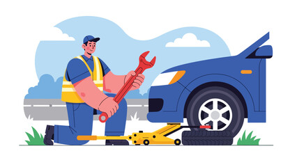 Modern flat vector illustration of a repairman changing a car tire on the roadside, ideal for automotive services, safety guides, roadside assistance ads, and repair branding