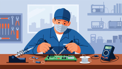 Flat vector illustration of a repairman soldering electronic components on a circuit board, ideal for electronics manufacturing visuals, repair services, and technical education content