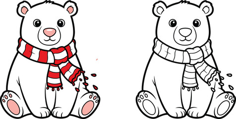 Cute Cartoon Polar Bear Wearing a Striped Scarf Christmas Holiday Vector Illustration for Coloring Book