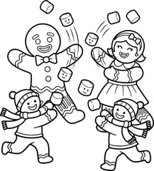 Cute Gingerbread Family and Kids Playing with Marshmallows Cartoon Outline