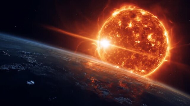 A blazing sun hovers over a curved blue planet, fiery corona lights its edge. A calm, distant glow!!