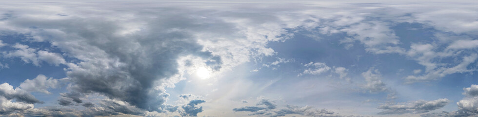 Overcast sky panorama on rainy day with Nimbostratus clouds in seamless spherical equirectangular format. Full zenith for use in 3D graphics, game and for aerial drone 360 degree panorama as sky dome.