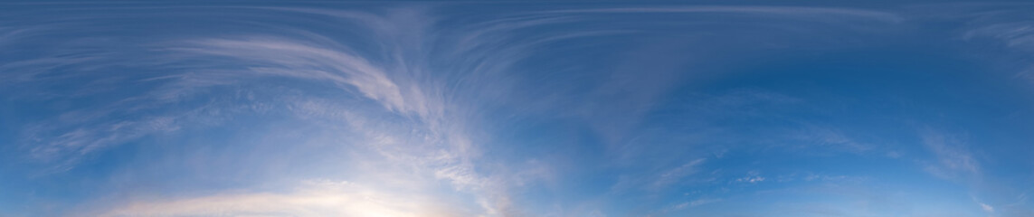 blue sky hdri 360 panorama with white beautiful clouds in seamless projection with zenith for use in 3d graphics or game development as sky dome or edit drone shot for sky replacement