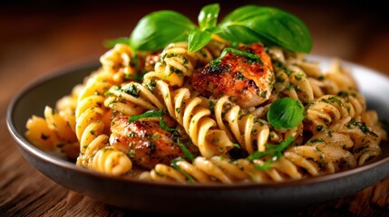 A delicious plate of pasta tossed with flavorful chicken and fresh basil, representing home-cooked comfort food that appeals to both the eye and the palate.