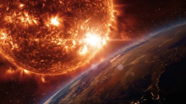 A fiery solar blaze dwarfs a blue-green planet, with curved horizon and glowing atmosphere luminous