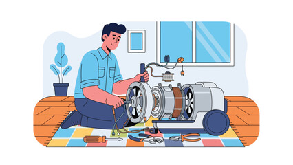 Modern flat vector illustration of a repairman repairing a vacuum cleaner motor, ideal for appliance services, maintenance manuals, household repair ads, and service branding