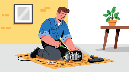 Modern flat vector illustration of a repairman repairing a vacuum cleaner motor, ideal for appliance services, maintenance manuals, household repair ads, and service branding