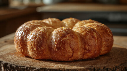 Casatiello napoletano rustico con salumi e uova su tagliere in legno in cucina. Generative AI