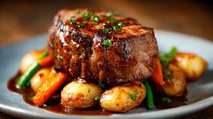 This mouthwatering image showcases a perfectly roasted beef dish served with colorful vegetables, ideal for food lovers and culinary art enthusiasts seeking inspiration.