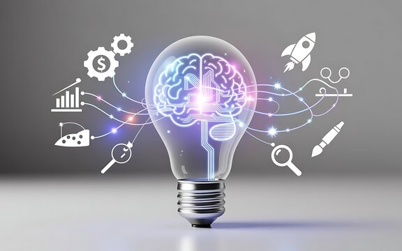 Glowing Brain Inside Light Bulb with Innovation Icons on Gray Background – Creativity, AI, and Business Concepts-technology backgrounds - Powered by Adobe