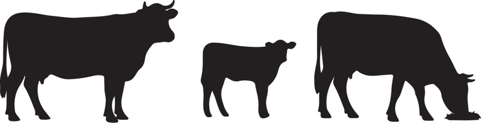 Three black silhouette cows standing in a row with different postures also transparent background © MeJaMa