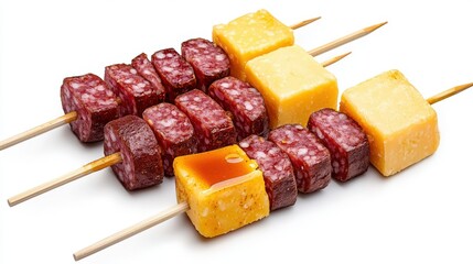 Assorted grilled cubed meat and cheese skewers arranged in rows on white background ideal for barbecues and snack appetizers