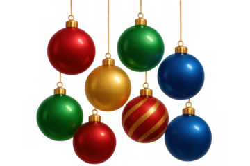 Hanging christmas ornaments with red, green, blue, and gold baubles creating festive holiday decoration