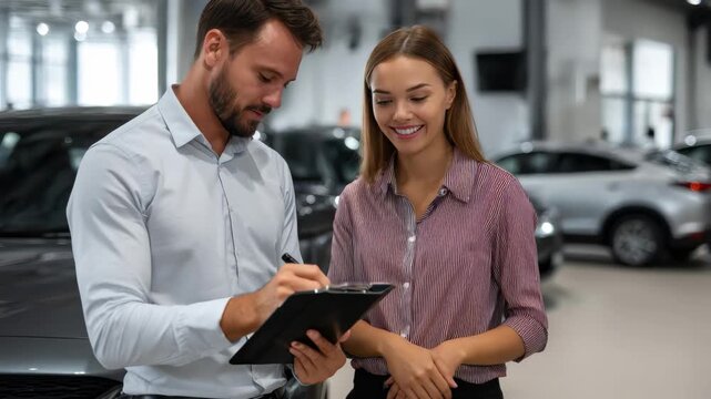 Car dealership manager assists client in selecting the right vehicle during a busy afternoon at the local dealership