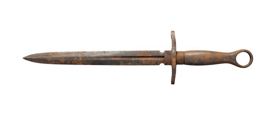 Rusty dagger with guard and ring handle isolated on a transparent background knife