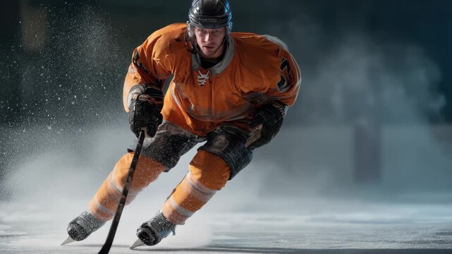 Ice hockey player gliding on ice while maintaining control of the puck during an evening match in a well-lit arena