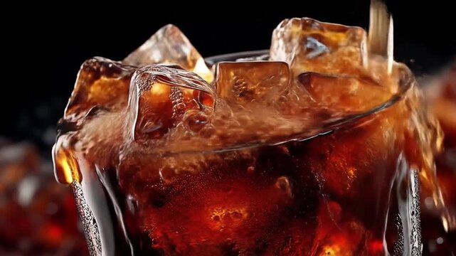 Close-up of a glass! brimming with dark liquid, ice cubes, and droplets, a dramatic splash mid-pour