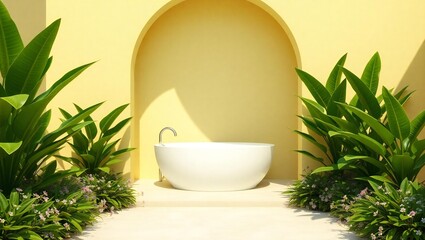 Luxurious outdoor bathtub nestled among lush green plants in a sunlit courtyard