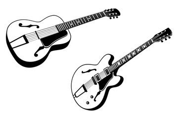Fototapeta premium Retro Electric and Acoustic Guitars. Black and white vector cliparts isolated on white.
