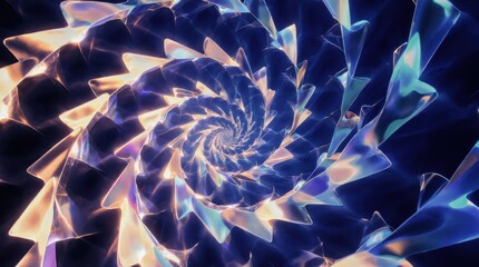 Futuristic abstract spiral made of glowing glass-like shards in blue, violet and peach tones, twisting into a luminous vortex against a dark background
