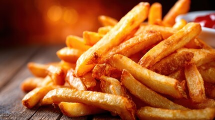 A delicious close-up image of golden brown crispy French fries piled high, served with a side of ketchup, showcasing the appetizing appeal and indulgence of this popular snack.