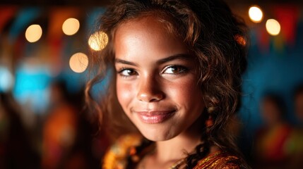 Fototapeta premium A captivating image of a young girl smiling bright at a lively cultural event, showcasing an atmosphere of joy, celebration, and vibrant traditions among the crowd.
