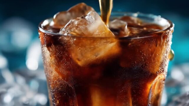 Dark cola in a glass ice cubes fizzing with condensation cool and glossy under blue light, gleaming