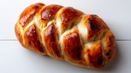 A beautifully braided loaf of bread glistens with a golden glaze, showcasing the artistry of traditional baking and the warmth of home-cooked meals for all to enjoy.