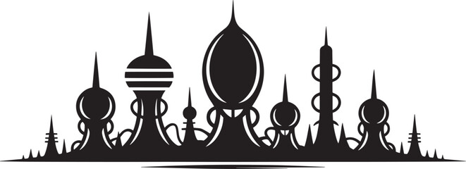 Sci-fi city skyline futuristic alien architecture landscape silhouette vector illustration background