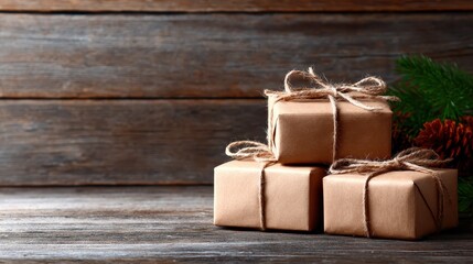 Delight in an assortment of beautifully wrapped gifts adorned with twine and pine accents, perfect for celebrating any occasion or spreading joy through thoughtful presents.