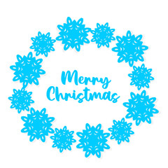 Beautiful frame from blue Christmas applique snowflakes on white background