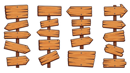 Wooden vector plank sign board set, UI game timber texture menu arrow panels isolated on white. Cartoon western road information empty pointer kit, announcement frame design element. Wooden sign