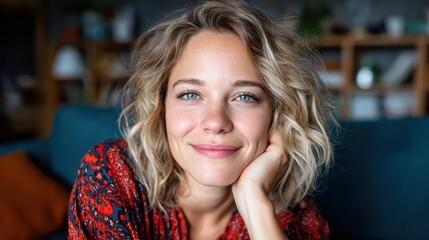 A cheerful woman with curly blonde hair and sparkling blue eyes showcases a delightful smile, capturing a moment of happiness and connection in a warm and inviting environment.