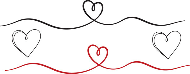  Love sign heart shape symbol in black and red white, continuous one line drawing hand drawn doodle heart, outline line art clipart, vector background border for valentines day, wedding, heart month.e