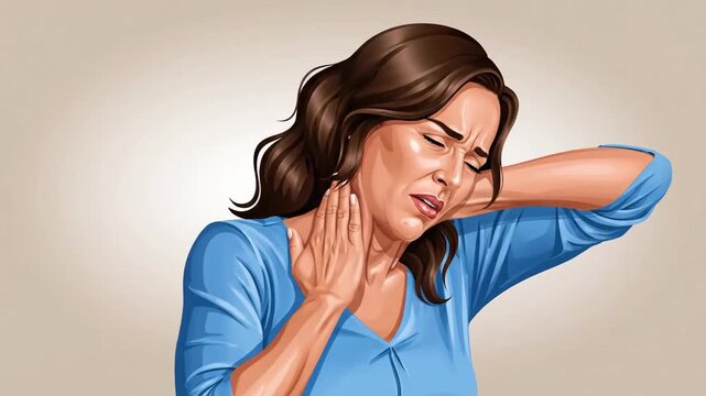 Expressing Neck and Head Pain Relief Symptoms in a Woman with Blue Shirt