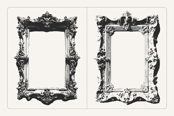 Wooden frame with neoclassical ornamentation, grunge vector illustration texture, ideal for posters, banners, and retro design.