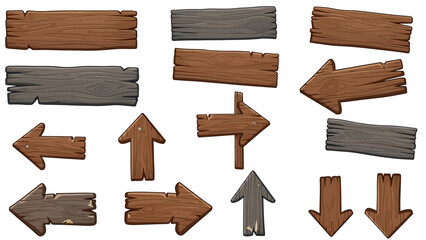 Wooden vector plank sign board set, UI game timber texture menu arrow panels isolated on white. Cartoon western road information empty pointer kit, announcement frame design element. Wooden sign