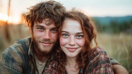 Fototapeta premium A young couple with joyful expressions embraces each other in a sunlit field, capturing the essence of romance and the beauty of nature during golden hour moments.