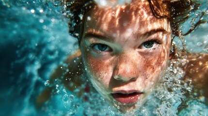 Fototapeta premium A captivating underwater close-up of a child, immersed in water, showcasing sparkling bubbles and expressive eyes, evoking feelings of curiosity, innocence, and wonder.