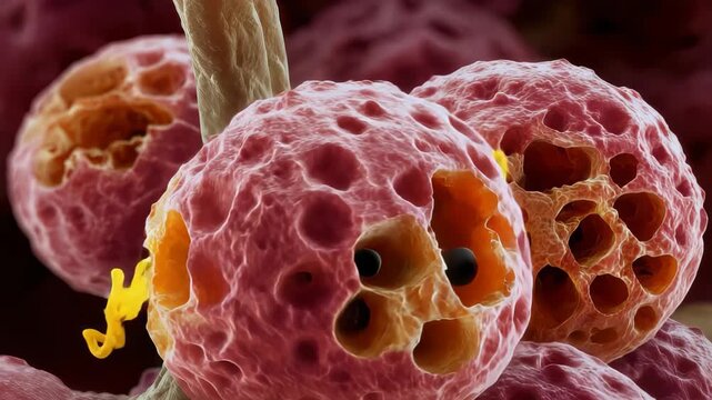 Abnormal squamous epithelial cells displayed under a microscope showcasing atypical structures and textures in cellular biology