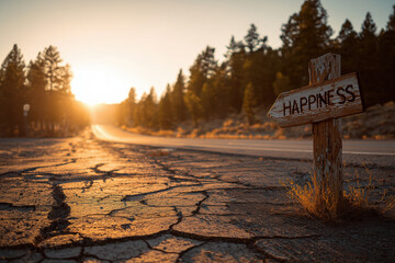 Road to Happiness Sign at Warm Sunset Glow