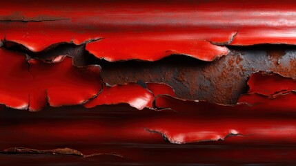 A close-up of a weathered surface showcases peeling red paint, revealing hints of rust and depth, highlighting the beauty in decay and age as an abstract composition.