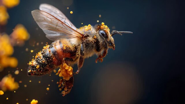 Honeybee in flight collecting pollen from vibrant flowers on a sunny day