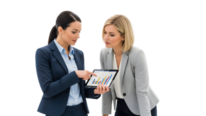 Two businesswomen reviewing charts on a digital tablet carefully.