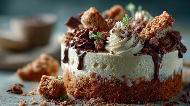 An exquisite cake adorned with rich chocolate, cream toppings, and delightful textures, showcasing the artistry of dessert making and the irresistible appeal of sweet treats.