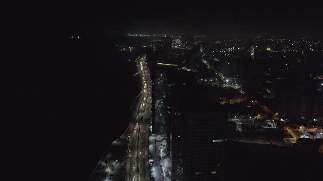 Night aerial view of Oran waterfront and Mediterranean Sea