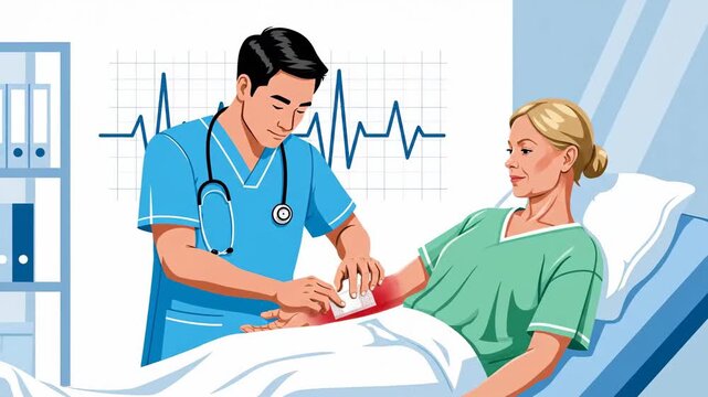 Compassionate Doctor Monitoring Patient's Heart Rate During Hospital Bedcare