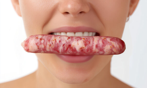 Funny oral sex concept of a young woman holding a raw sausage in mouth
