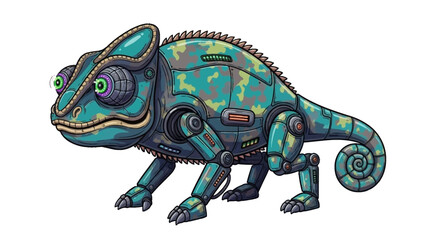 Obraz premium Robotic Chameleon Standing Isolated on White, Mechanical Cyborg Illustration